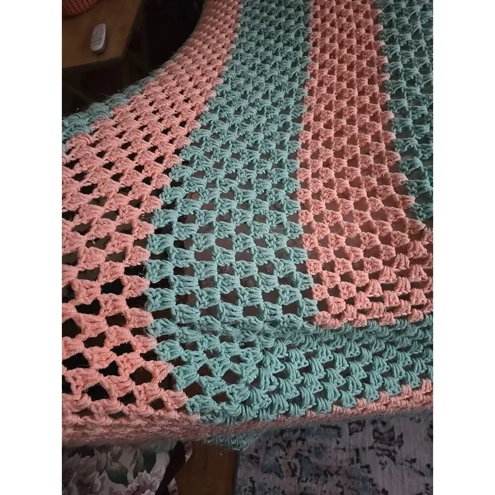 Vtg Handmade Teal Orange Project Tapestry Granny Throw‎ Blanket Afghan 80